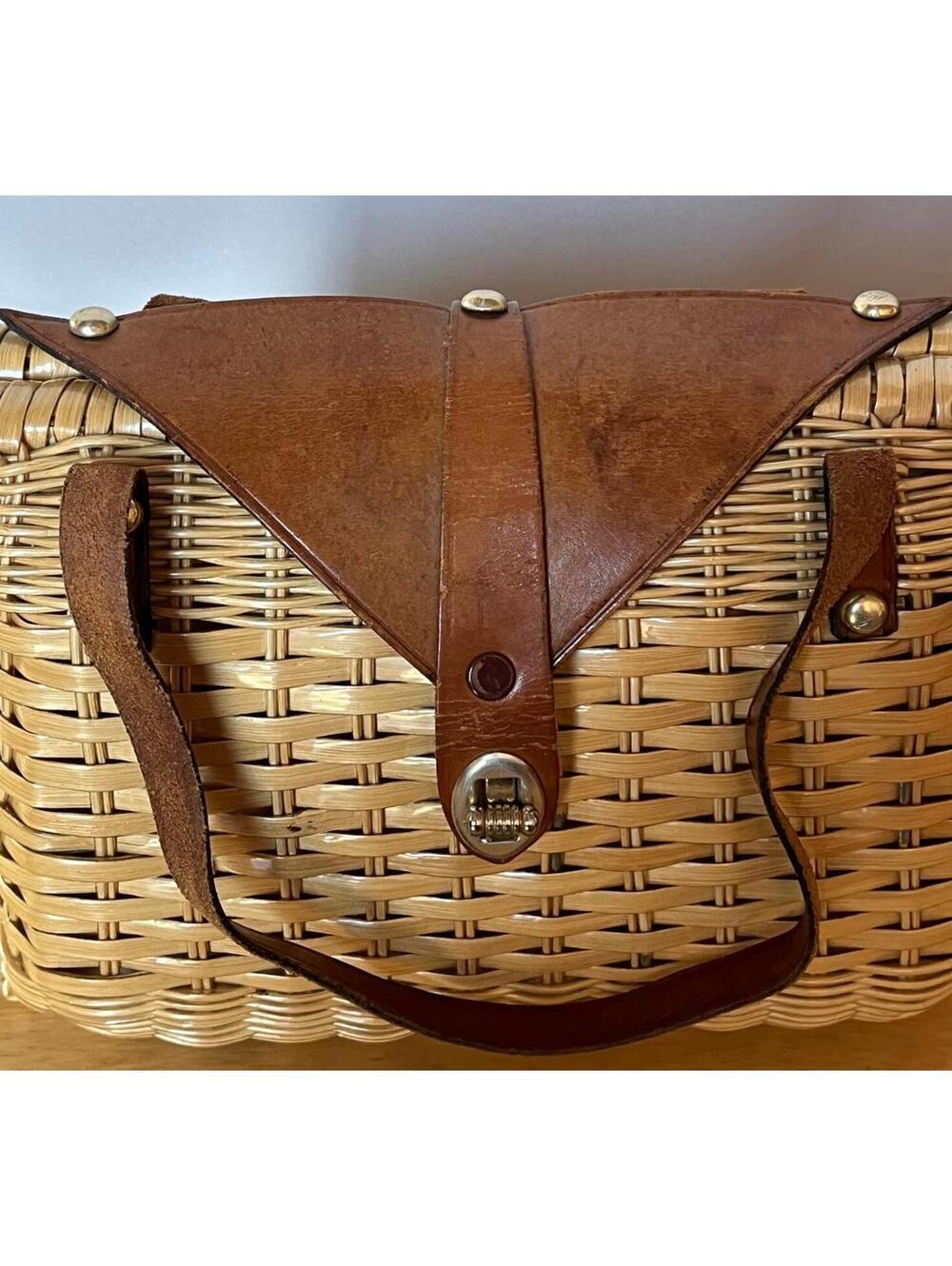 Vintage Bonnie Intl Wicker Basket Handbag with Brown Leather Trim and Strap